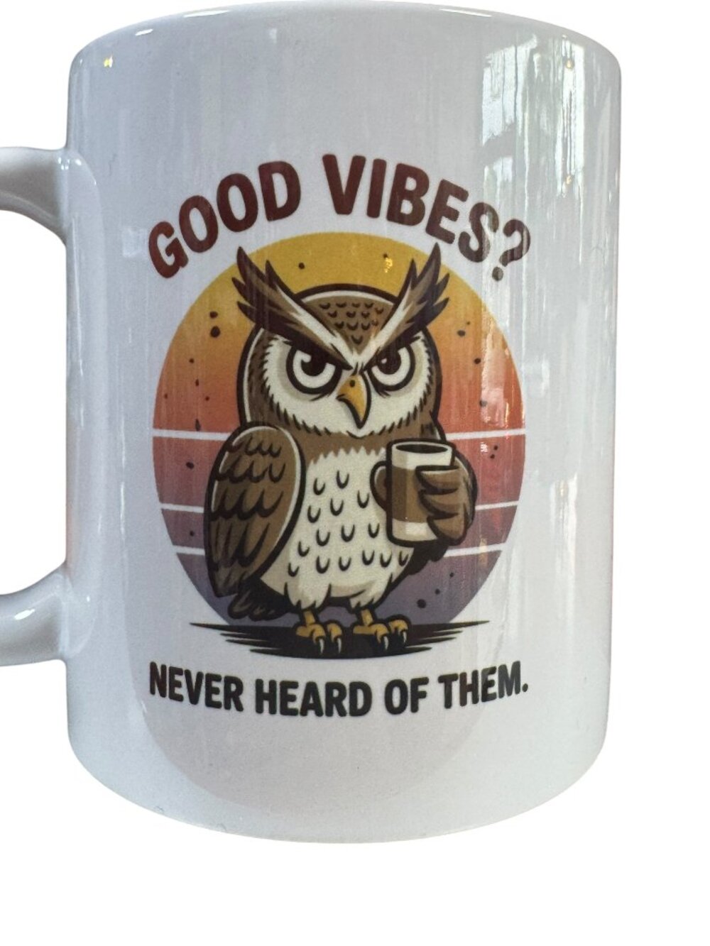 Funny Grumpy Owl Coffee Mug, "Good Vibes? Never Heard of Them" Ceramic Cup,